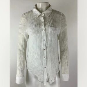 MONDAY Sz M 100% Linen Textured Gauze Button Top White Long Sleeve Beach